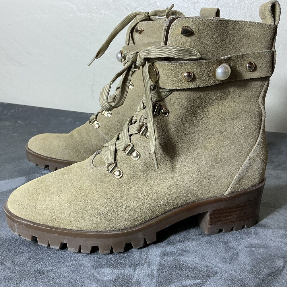 Karl Lagerfield Paris Wheat Suede Boots Pearl Gold Clasps 10 M Perry